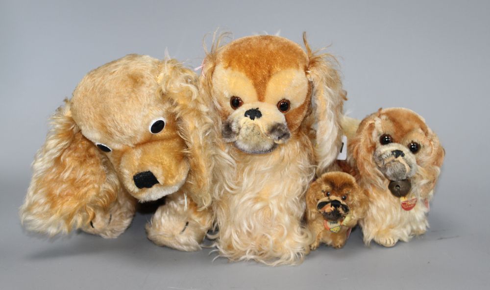 Three 1950s Steiff Peky dogs and a 1960s Revue Spaniel